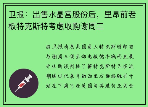 卫报：出售水晶宫股份后，里昂前老板特克斯特考虑收购谢周三